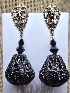 LEWIS SEGAL Signed Black Goldtone Victorian Revival Dangle Clip Earrings Filigre